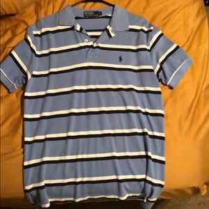 Light blue polo with white and navy stripes
